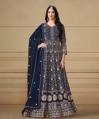 Navy blue embroidery faux georgette anarkali suit 1