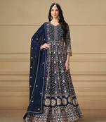 Navy blue embroidery faux georgette anarkali suit