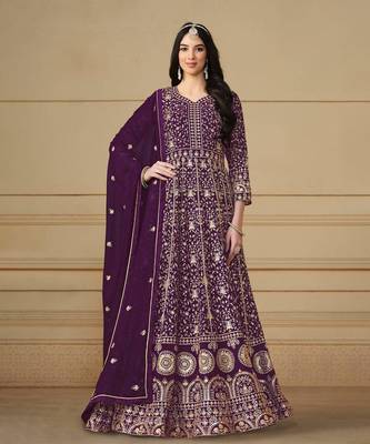 Wine embroidery faux georgette anarkali suit 1