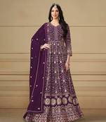 Wine embroidery faux georgette anarkali suit