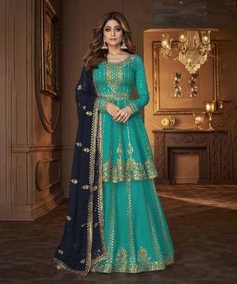 Sky blue heavy georgette indowestern wedding kurti & skirt set 1
