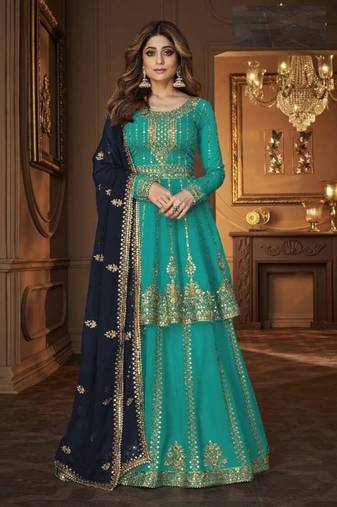 Sky blue heavy georgette indowestern wedding kurti & skirt set