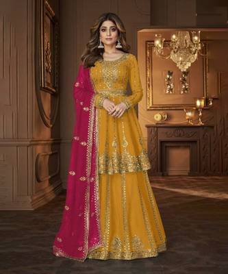 Yellow  heavy georgette indowestern wedding kurti & skirt set 1