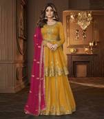 Yellow  heavy georgette indowestern wedding kurti & skirt set
