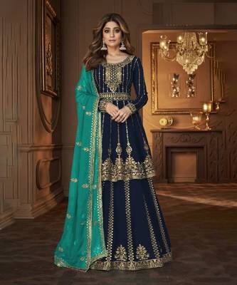 Navy blue heavy georgette indowestern wedding kurti & skirt set 1