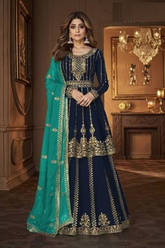 Navy blue heavy georgette indowestern wedding kurti & skirt set