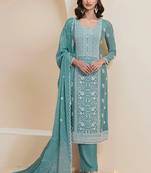Light teal designer chinon silk embroidered salwar suit