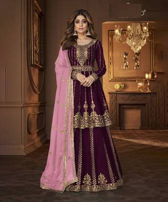 Wine heavy georgette indowestern wedding kurti & skirt set 1