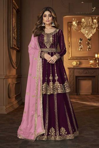 Wine heavy georgette indowestern wedding kurti & skirt set