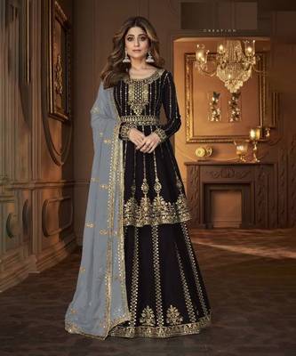 Black heavy georgette indowestern wedding kurti & skirt set 1