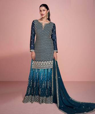 Blue embroidery sequins chinon silk straight sharara - free size stitched(size upto 42") 1