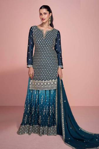 Blue embroidery sequins chinon silk straight sharara - free size stitched(size upto 42")