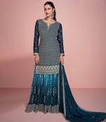 Blue embroidery sequins chinon silk straight sharara - free size stitched(size upto 42")
