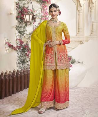 Lime yellow mirror embroidery sequins with print chinon silk straight palazzo - free size stitched(size upto 42") 1