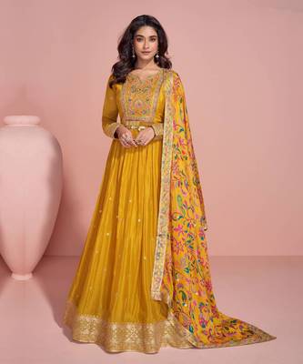 Mustard zari embroidery and bead chinon silk gown - free size stitched(size upto 42") 1
