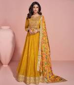 Mustard zari embroidery and bead chinon silk gown - free size stitched(size upto 42")