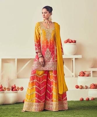 Mustard mirror embroidery sequins with print chinon silk straight palazzo - free size stitched(size upto 42") 1