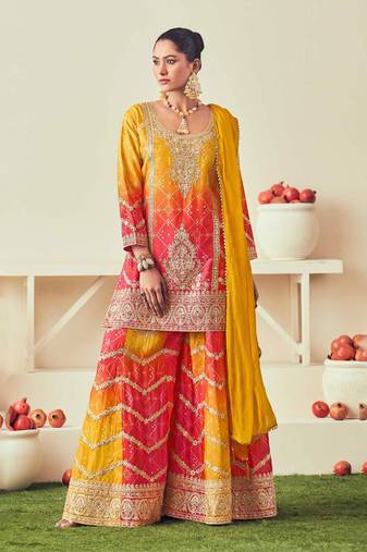 Mustard mirror embroidery sequins with print chinon silk straight palazzo - free size stitched(size upto 42")