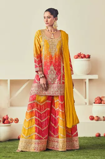 Mustard mirror embroidery sequins with print chinon silk straight palazzo - free size stitched(size upto 42")