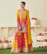 Mustard mirror embroidery sequins with print chinon silk straight palazzo - free size stitched(size upto 42")
