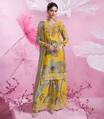 Yellow embroidery sequins and printed chinon silk straight palazzo - free size stitched(size upto 42")