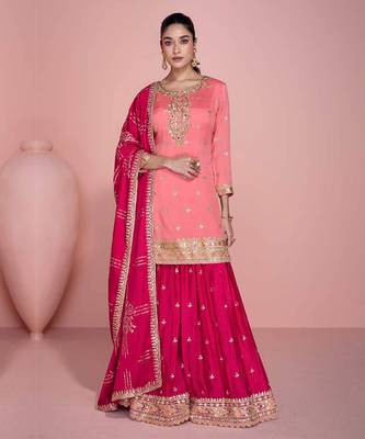 Peach embroidery sequins chinon silk straight sharara - free size stitched(size upto 42") 1