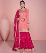 Peach embroidery sequins chinon silk straight sharara - free size stitched(size upto 42")