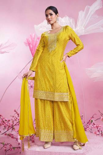 Yellow embroidery sequins and printed chinon silk straight palazzo - free size stitched(size upto 42")