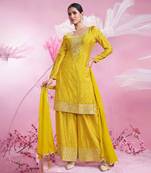 Yellow embroidery sequins and printed chinon silk straight palazzo - free size stitched(size upto 42")