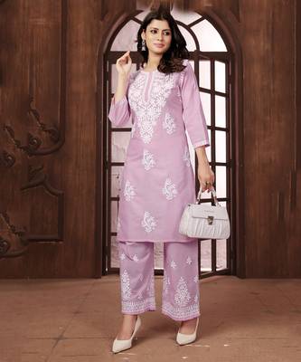 Pastel pink heavy cotton white thread work embroidered lucknowi chikankari mid-length straight kurta 1