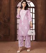 Pastel pink heavy cotton white thread work embroidered lucknowi chikankari mid-length straight kurta