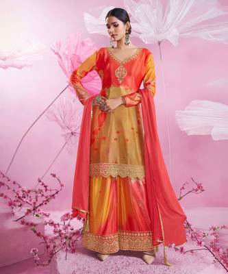 Orange embroidery sequins and printed chinon silk straight palazzo - free size stitched(size upto 42") 1