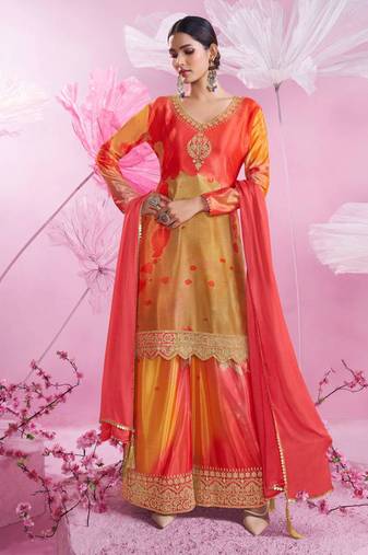 Orange embroidery sequins and printed chinon silk straight palazzo - free size stitched(size upto 42")