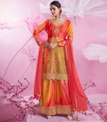 Orange embroidery sequins and printed chinon silk straight palazzo - free size stitched(size upto 42")