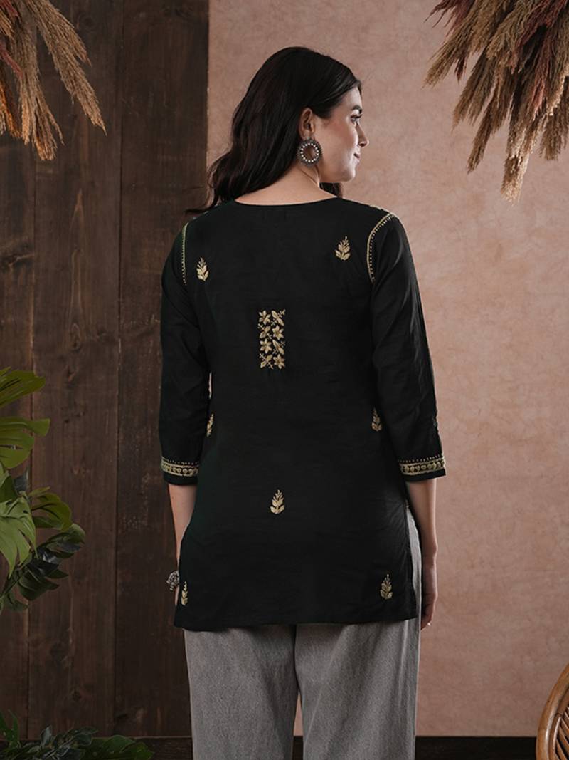 Black cotton embroidered chikankari short kurti
