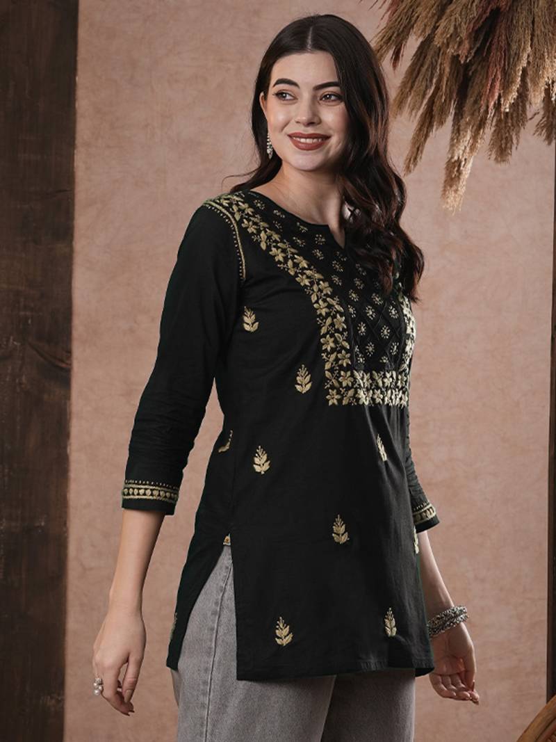 Black cotton embroidered chikankari short kurti