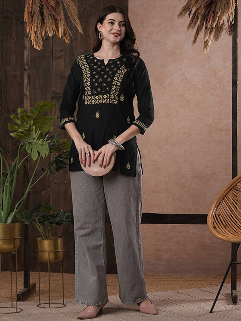 Black cotton embroidered chikankari short kurti