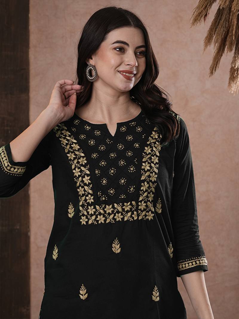Black cotton embroidered chikankari short kurti