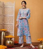 Hand embroidered floral printed blue and pink cotton lucknowi chikankari co-ord set
