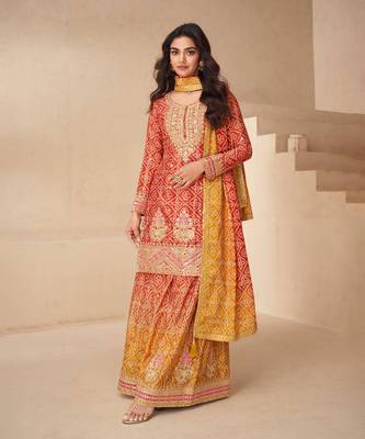Orange embroidery sequins chinon silk straight palazzo - free size stitched(size upto 42") 1