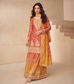 Orange embroidery sequins chinon silk straight palazzo - free size stitched(size upto 42")