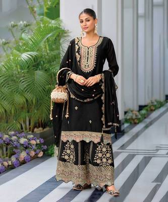 Black embroidery sequins chionon silk straight palazzo- free size stitched(size upto 42") 1