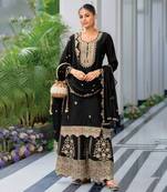 Black embroidery sequins chionon silk straight palazzo- free size stitched(size upto 42")