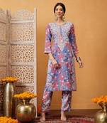 Hand embroidered floral printed carrot pink and blue cotton lucknowi chikankari co-ord set