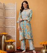 Hand embroidered floral printed firozi and peach cotton lucknowi chikankari co-ord set