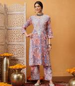 Ada hand embroidered floral printed peach and blue cotton lucknowi chikankari co-ord set