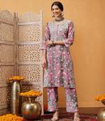 Hand embroidered floral printed pink and grey cotton lucknowi chikankari co-ord set
