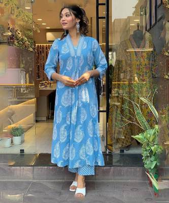 Blue printed rayon Anarkali set 1