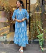 Blue printed rayon Anarkali set