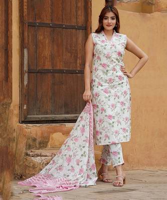 Pink cotton slub fabric printed festive special readymade suit 1